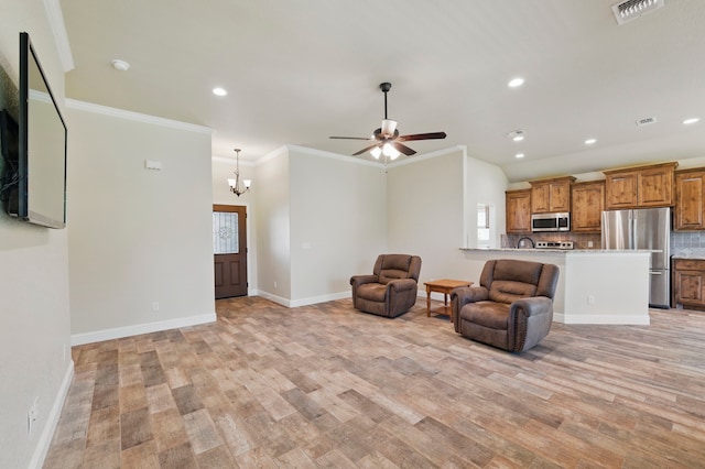 2304 Forest Hill Ln, Granbury, TX 76048 - living room featuring light wood finished floors, baseboards, ceiling fan, recessed lighting, and crown molding