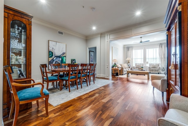3303 Blackburn St Unit 402, Dallas, TX 75204 - dining space with wood-type flooring, ornamental molding, recessed lighting, baseboards, and a ceiling fan
