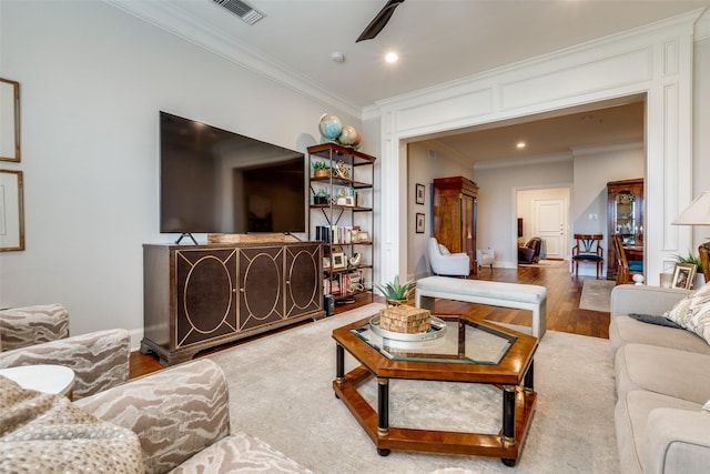 3303 Blackburn St Unit 402, Dallas, TX 75204 - living room featuring ornamental molding, wood finished floors, ceiling fan, and recessed lighting