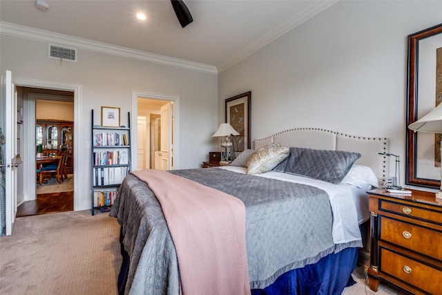 3303 Blackburn St Unit 402, Dallas, TX 75204 - carpeted bedroom featuring ornamental molding, ceiling fan, and ensuite bath