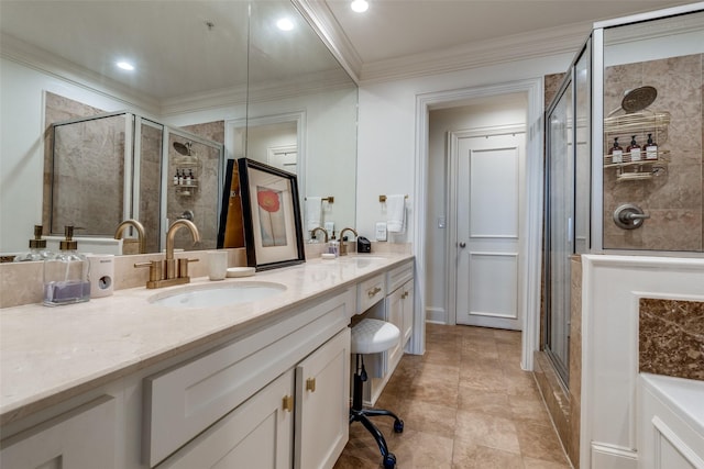 3303 Blackburn St Unit 402, Dallas, TX 75204 - bathroom featuring a shower stall, double vanity, crown molding, and recessed lighting