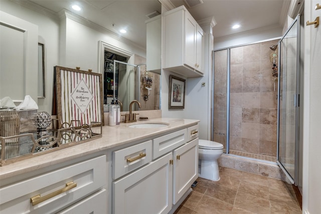 3303 Blackburn St Unit 402, Dallas, TX 75204 - bathroom with ornamental molding, toilet, a stall shower, vanity, and recessed lighting