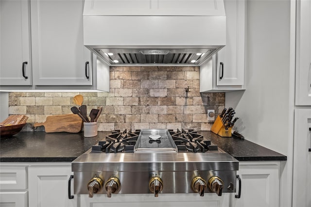 3280 Shady Grove Rd, Midlothian, TX 76065 - kitchen with custom range hood, tasteful backsplash, white cabinets, and stainless steel gas cooktop