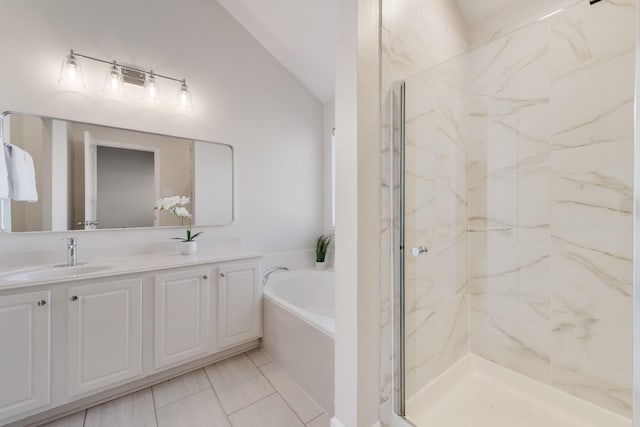 479 Sausalito Dr, Rockwall, TX 75087 - full bath with vaulted ceiling, a garden tub, a marble finish shower, and double vanity