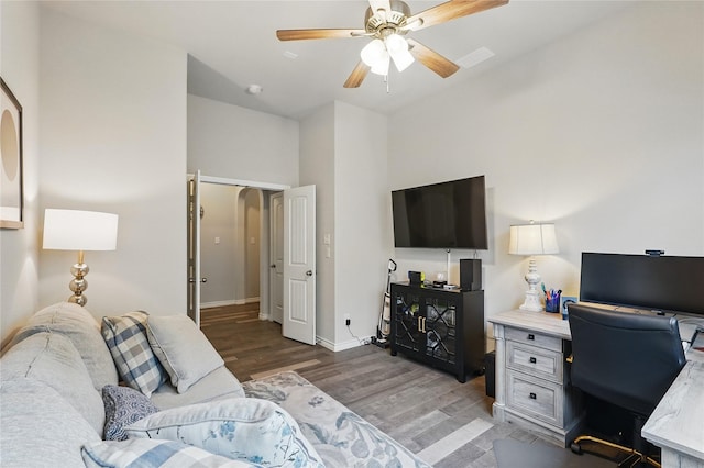 520 Shoreline Ridge Dr, Little Elm, TX 75068 - home office featuring wood finished floors, ceiling fan, baseboards, and a high ceiling