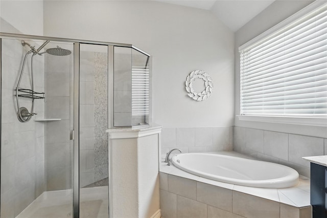 520 Shoreline Ridge Dr, Little Elm, TX 75068 - full bathroom with a stall shower, a garden tub, and vaulted ceiling