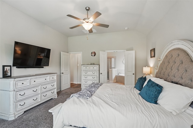 520 Shoreline Ridge Dr, Little Elm, TX 75068 - carpeted bedroom featuring lofted ceiling, ensuite bath, and ceiling fan