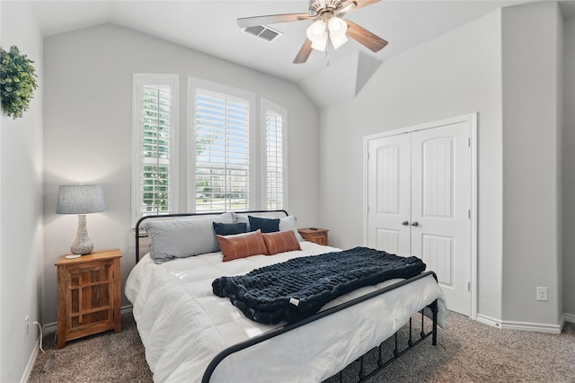 520 Shoreline Ridge Dr, Little Elm, TX 75068 - carpeted bedroom with vaulted ceiling, a closet, baseboards, and a ceiling fan