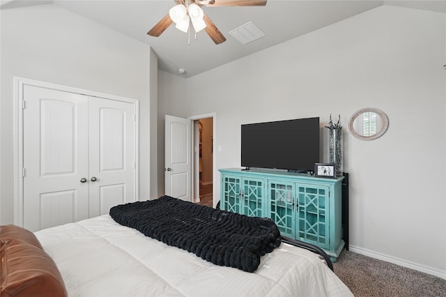 520 Shoreline Ridge Dr, Little Elm, TX 75068 - bedroom with carpet flooring, a closet, baseboards, a ceiling fan, and high vaulted ceiling