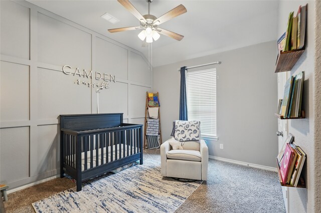 520 Shoreline Ridge Dr, Little Elm, TX 75068 - bedroom with carpet floors, a nursery area, baseboards, and ceiling fan
