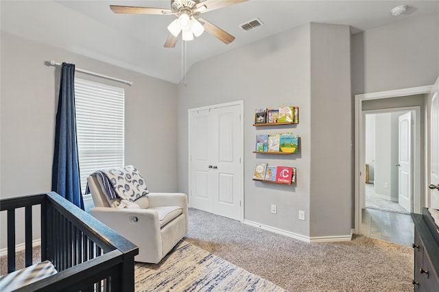 520 Shoreline Ridge Dr, Little Elm, TX 75068 - bedroom with a closet, carpet floors, a crib, baseboards, and vaulted ceiling