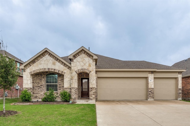 791 Evergreen St, Princeton, TX 75407 - view of front of property with a garage, concrete driveway, a front yard, brick siding, and stone siding