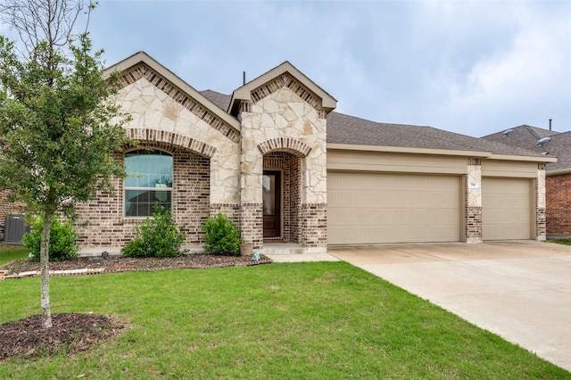 791 Evergreen St, Princeton, TX 75407 - french country style house with brick siding, an attached garage, concrete driveway, and a front lawn