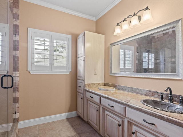 333 Forest Trl, Weatherford, TX 76085 - full bathroom with a stall shower, ornamental molding, double vanity, and baseboards