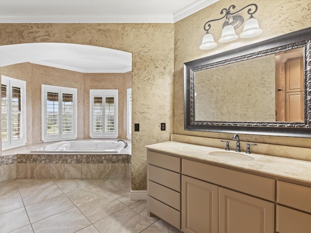 333 Forest Trl, Weatherford, TX 76085 - full bathroom featuring crown molding, a garden tub, vanity, and tile patterned floors