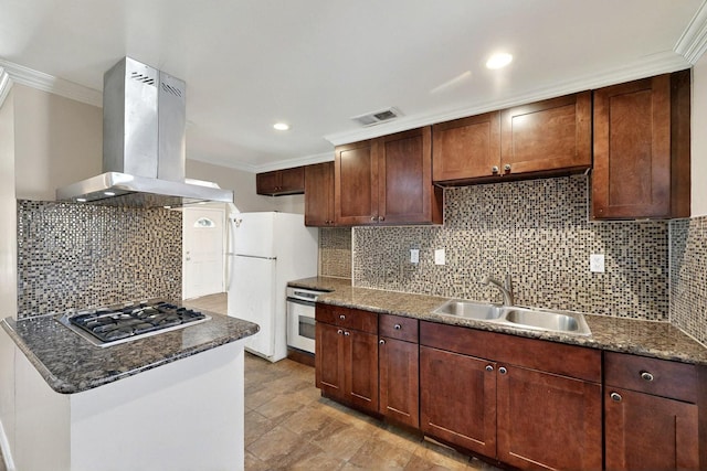 102 Mitscher Dr, Dallas, TX 75224 - kitchen with island range hood, a sink, stainless steel gas stovetop, crown molding, and wall oven