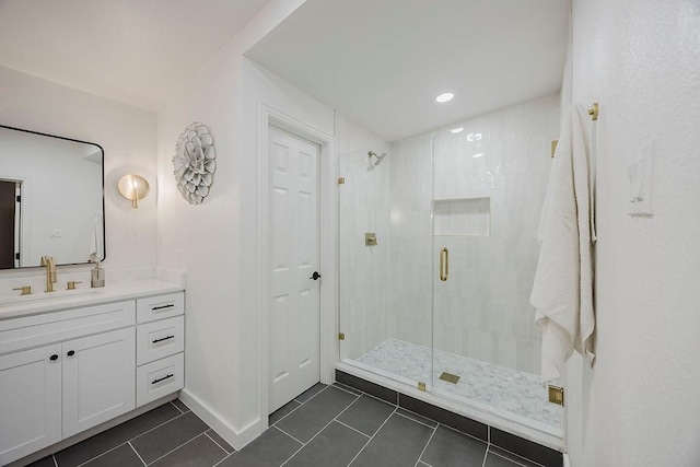 1410 Lee Ave, Fort Worth, TX 76164 - full bathroom with tile patterned floors, a shower stall, vanity, baseboards, and recessed lighting