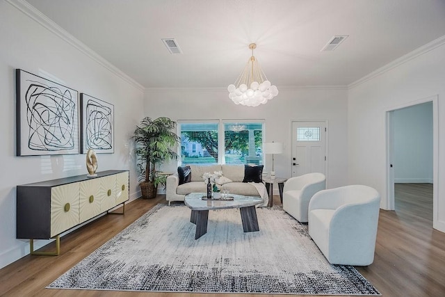 1410 Lee Ave, Fort Worth, TX 76164 - living room with crown molding, a chandelier, wood finished floors, and baseboards