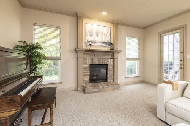 2324 Stone Creek Dr, Mckinney, TX 75072 - living room with carpet flooring, baseboards, crown molding, a brick fireplace, and healthy amount of natural light