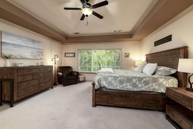 2324 Stone Creek Dr, Mckinney, TX 75072 - carpeted bedroom featuring a raised ceiling, ornamental molding, and ceiling fan