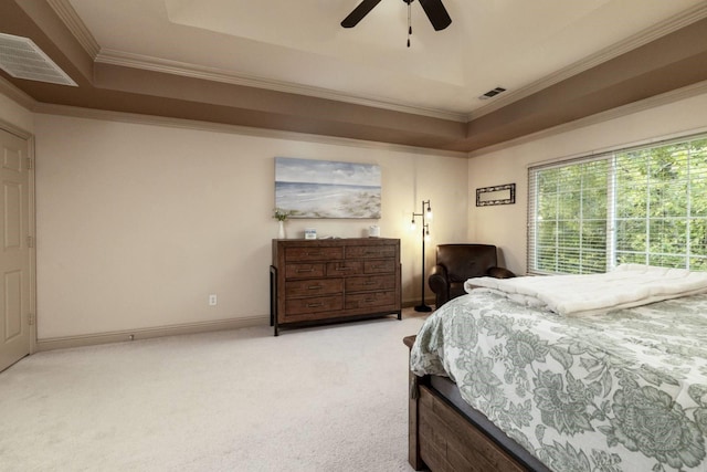 2324 Stone Creek Dr, Mckinney, TX 75072 - bedroom featuring carpet, crown molding, a tray ceiling, baseboards, and a ceiling fan