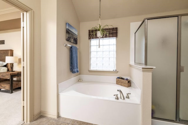 2324 Stone Creek Dr, Mckinney, TX 75072 - bathroom featuring a garden tub, a shower stall, ensuite bathroom, tile patterned floors, and vaulted ceiling