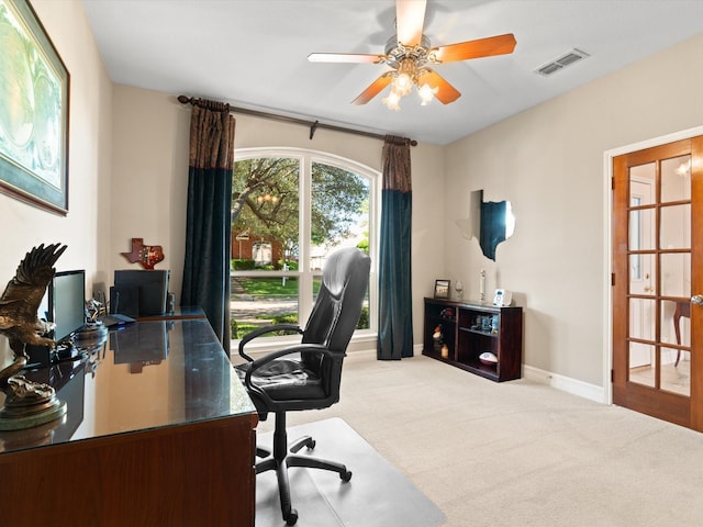 2448 Sky Harbor Dr, Plano, TX 75025 - home office featuring carpet flooring, a ceiling fan, and baseboards