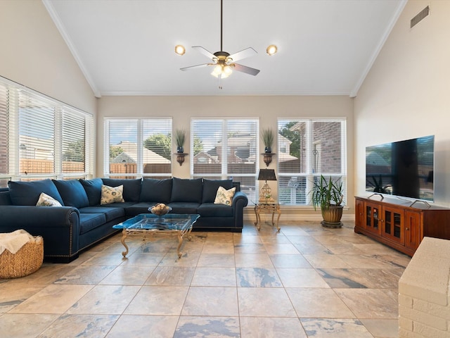 2448 Sky Harbor Dr, Plano, TX 75025 - living room featuring lofted ceiling, healthy amount of natural light, a ceiling fan, ornamental molding, and baseboards