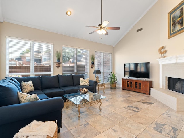 2448 Sky Harbor Dr, Plano, TX 75025 - living area featuring ceiling fan, ornamental molding, baseboards, a fireplace, and high vaulted ceiling