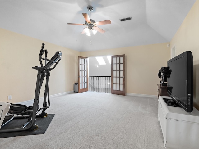 2448 Sky Harbor Dr, Plano, TX 75025 - workout room with light carpet, a ceiling fan, baseboards, and lofted ceiling
