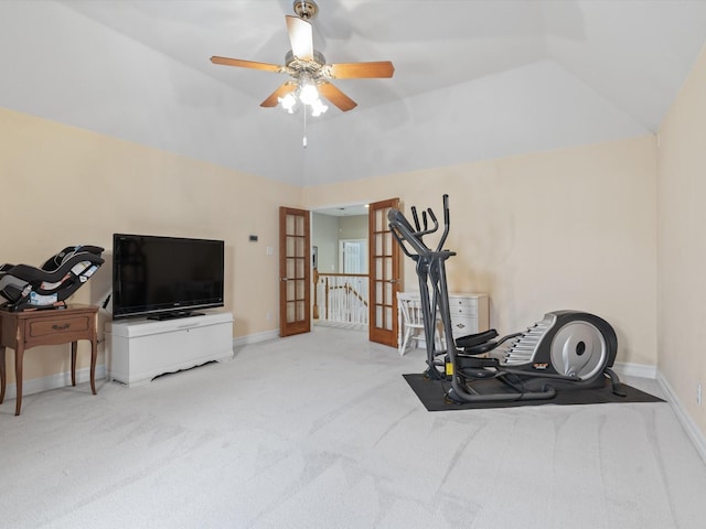 2448 Sky Harbor Dr, Plano, TX 75025 - workout area with french doors, carpet flooring, baseboards, a ceiling fan, and lofted ceiling