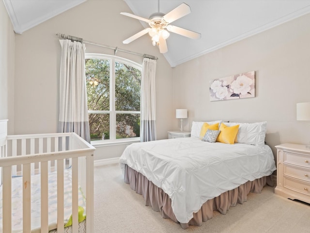 2448 Sky Harbor Dr, Plano, TX 75025 - bedroom with lofted ceiling, carpet flooring, ornamental molding, a ceiling fan, and baseboards