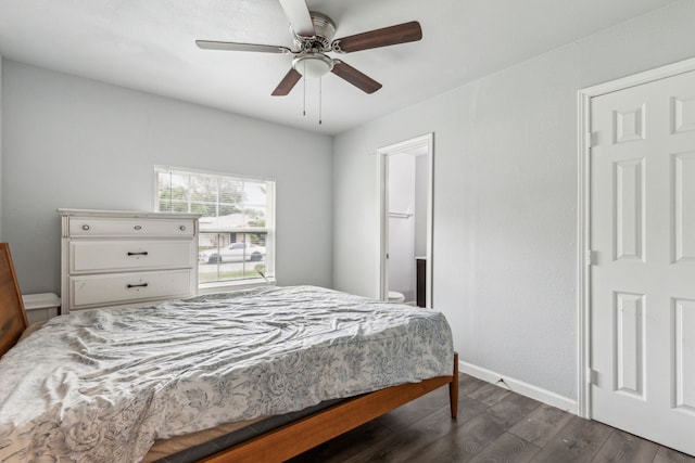5225 Ira St N, Haltom City, TX 76117 - bedroom with baseboards, dark wood-type flooring, and ceiling fan