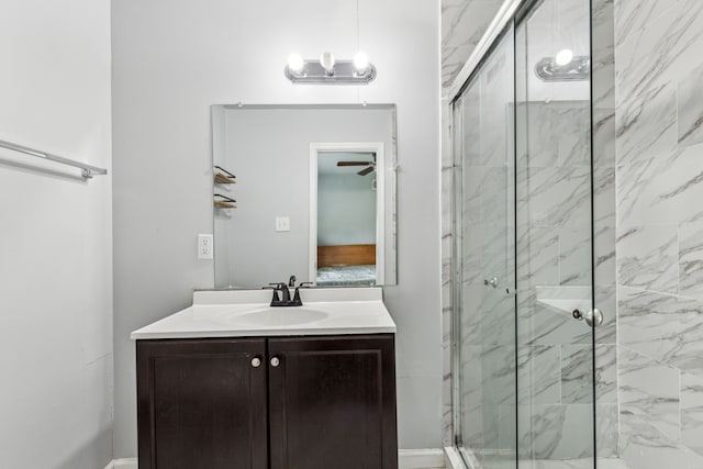 5225 Ira St N, Haltom City, TX 76117 - full bath with a marble finish shower, vanity, and a ceiling fan