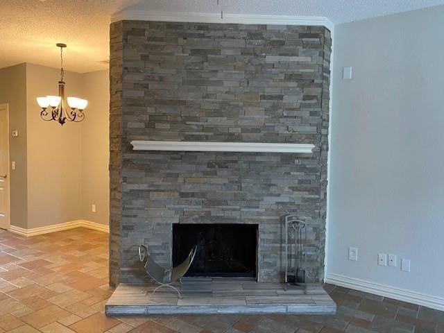 3801 14th St Unit 2205, Plano, TX 75074 - detailed view of a fireplace, baseboards, a chandelier, and a textured ceiling