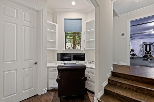 3206 Wintergreen Ter, Grapevine, TX 76051 - office area with built in desk, crown molding, dark wood-type flooring, and baseboards