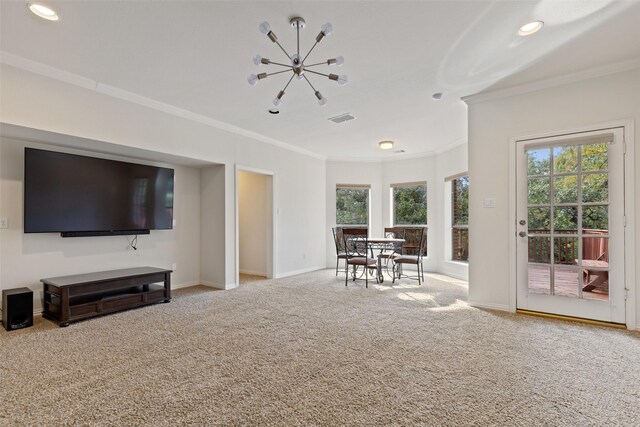 3206 Wintergreen Ter, Grapevine, TX 76051 - living room featuring carpet flooring, crown molding, baseboards, a chandelier, and recessed lighting
