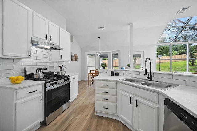 400 Baldwin Dr, Joshua, TX 76058 - kitchen featuring appliances with stainless steel finishes, under cabinet range hood, a sink, tasteful backsplash, and plenty of natural light