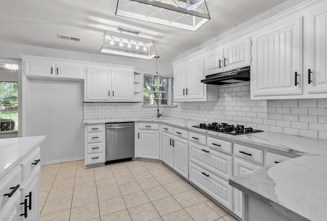 2810 Live Oak Dr, Rowlett, TX 75088 - kitchen with dishwasher, under cabinet range hood, tasteful backsplash, and white cabinetry