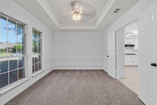 2810 Live Oak Dr, Rowlett, TX 75088 - carpeted spare room featuring a tray ceiling, crown molding, a ceiling fan, a textured ceiling, and a wainscoted wall