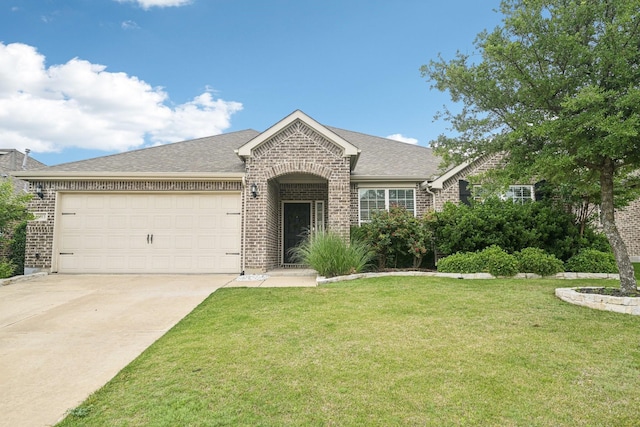 3613 Texas Dall Ct, Mckinney, TX 75071 - view of front of property featuring brick siding, a front yard, a garage, concrete driveway, and roof with shingles