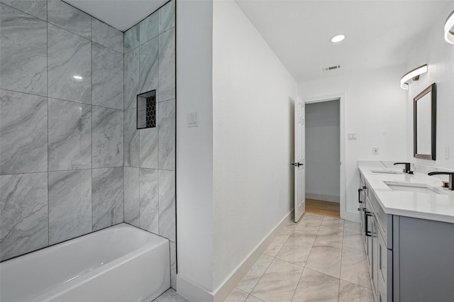 1425 Cassandra Cir, Desoto, TX 75115 - full bathroom featuring marble finish flooring, baseboards, double vanity, and recessed lighting