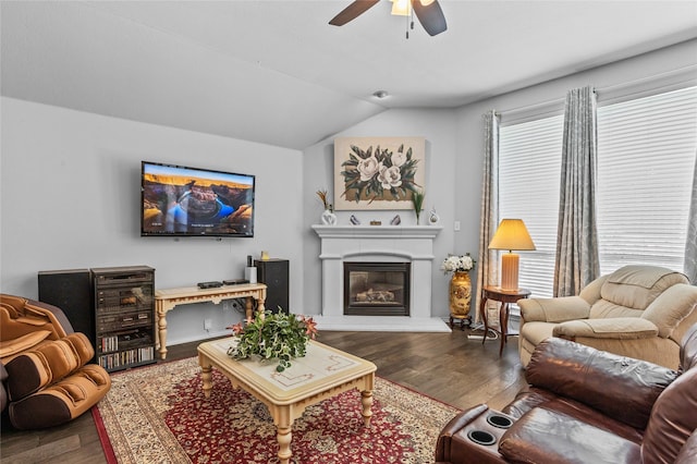 4824 Carolina Trace Trl, Fort Worth, TX 76244 - living room with a ceiling fan, vaulted ceiling, wood finished floors, a glass covered fireplace, and healthy amount of natural light
