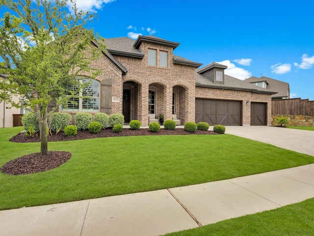 8620 Bandon Dunes Dr, Mckinney, TX 75070 - french country home featuring brick siding, a garage, driveway, and roof with shingles
