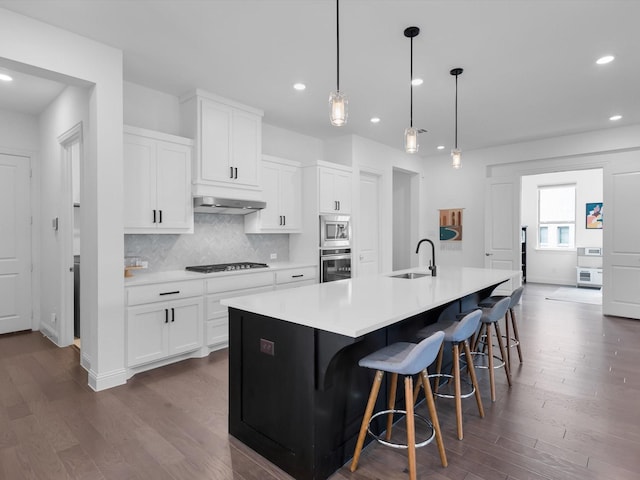 8620 Bandon Dunes Dr, Mckinney, TX 75070 - kitchen featuring a sink, under cabinet range hood, recessed lighting, dark wood finished floors, and stainless steel appliances