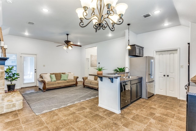 405 Lockwood Ln, Weatherford, TX 76087 - kitchen featuring dishwasher, a peninsula, freestanding refrigerator, open floor plan, and crown molding