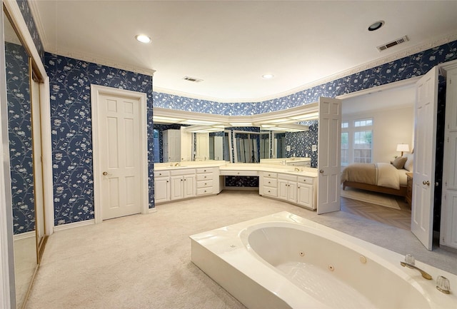 7100 Deer Run, Plano, TX 75024 - ensuite bathroom featuring wallpapered walls, a jetted tub, vanity, crown molding, and recessed lighting