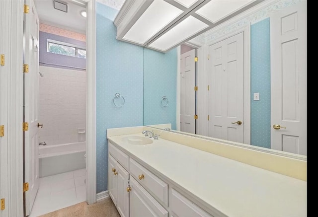 7100 Deer Run, Plano, TX 75024 - full bathroom featuring wallpapered walls, vanity,  shower combination, and tile patterned flooring