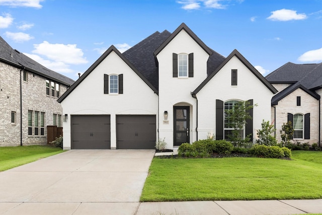 1041 Adair Rd, Prosper, TX 75078 - french country inspired facade with an attached garage, a front lawn, brick siding, concrete driveway, and a shingled roof