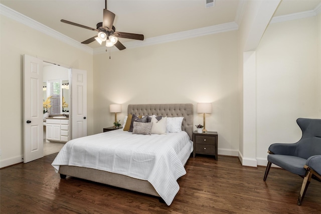 1814 Trinidad Ln, Allen, TX 75013 - bedroom featuring ornamental molding, baseboards, wood finished floors, ensuite bathroom, and ceiling fan